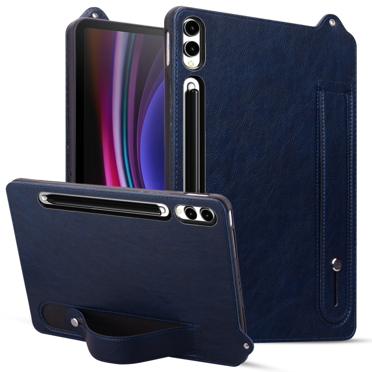 

For Samsung Galaxy Tab S10 Ultra/ S11 Ultra TPU Leather Back Tablet Case with Wristband(Dark Blue)