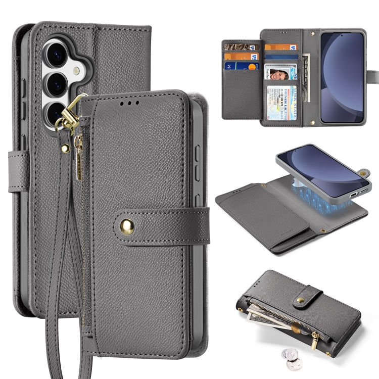 

For Samsung Galaxy S25 5G DUX DUCIS Lawa Series 2 in 1 Wallet Zipper Detachable MagSafe Phone Case with Lanyard(Grey)