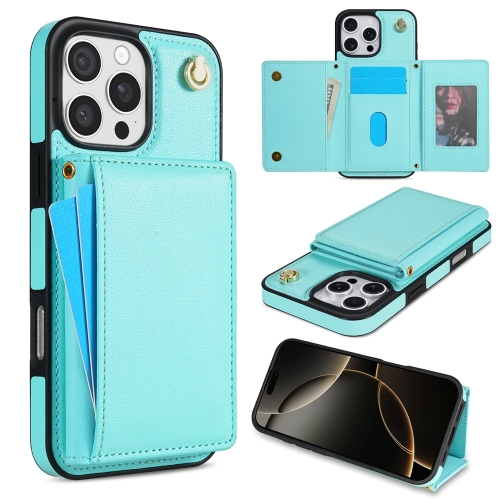 

For iPhone 16 Pro Max Three Fold Card Bag Phone Case with Long Lanyard(Mint)