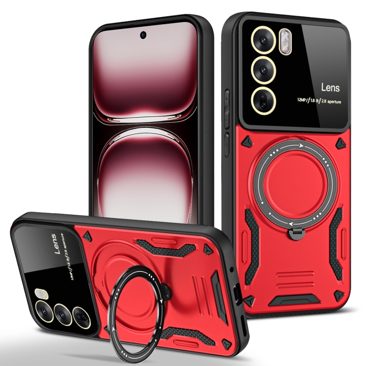 

For OPPO Reno12 Pro Global Large Window MagSafe Holder Phone Case(Red)