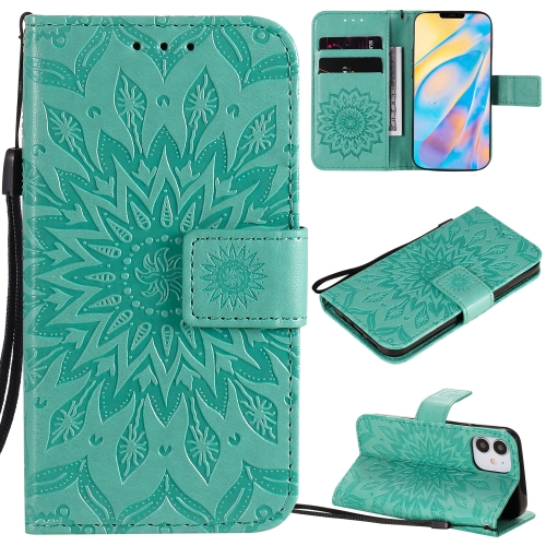 

For iPhone 12 mini Pressed Printing Sunflower Pattern Horizontal Flip PU Leather Case Holder & Card Slots & Wallet & Lanyard(Green)