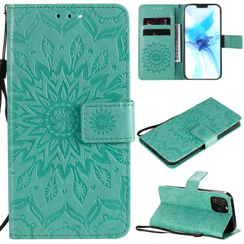 

For iPhone 12 / 12 Pro Pressed Printing Sunflower Pattern Horizontal Flip PU Leather Case Holder & Card Slots & Wallet & Lanyard(Green)
