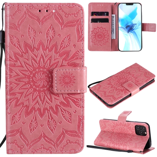 

For iPhone 12 / 12 Pro Pressed Printing Sunflower Pattern Horizontal Flip PU Leather Case Holder & Card Slots & Wallet & Lanyard(Pink)