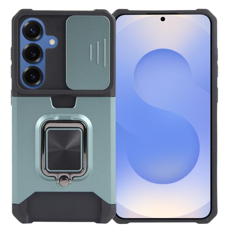 For Samsung Galaxy S25+ 5G Camera Shield Card Slot PC+TPU Phone Case(Dark Green)