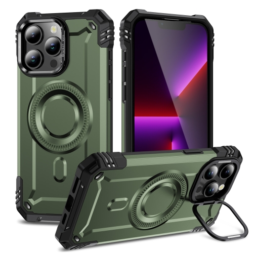 

For iPhone 13 Pro Max Lens Holder MagSafe Phone Case(Army Green)