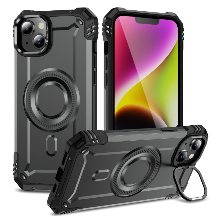 

For iPhone 14 Lens Holder MagSafe Phone Case(Grey)