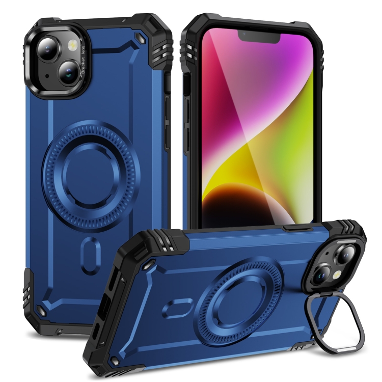 

For iPhone 14 Lens Holder MagSafe Phone Case(Blue)