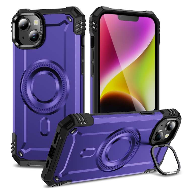 

For iPhone 14 Lens Holder MagSafe Phone Case(Purple)