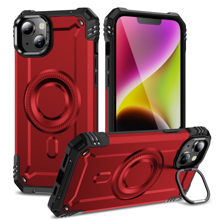 

For iPhone 14 Plus Lens Holder MagSafe Phone Case(Red)