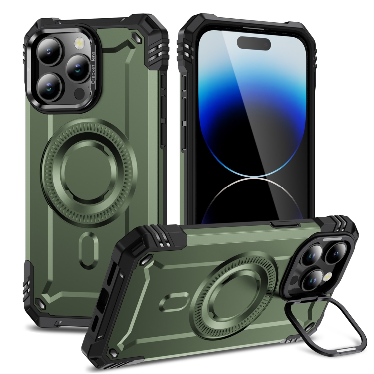 

For iPhone 14 Pro Lens Holder MagSafe Phone Case(Army Green)