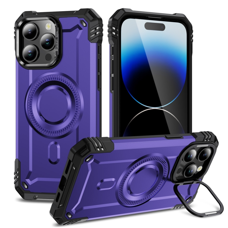 

For iPhone 14 Pro Lens Holder MagSafe Phone Case(Purple)