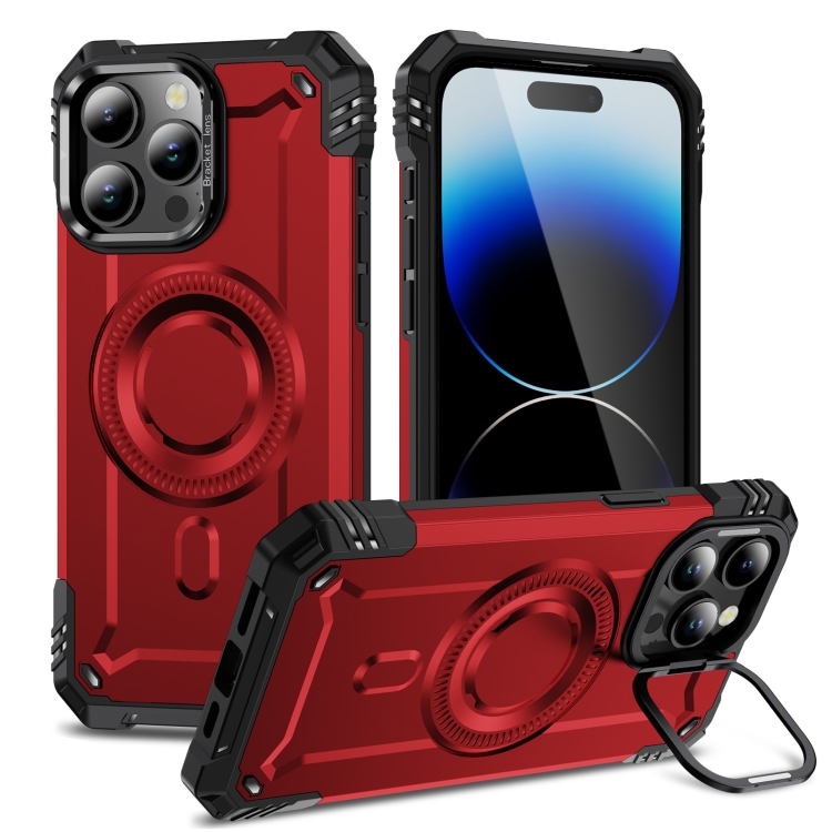 

For iPhone 14 Pro Max Lens Holder MagSafe Phone Case(Red)