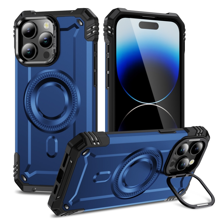 

For iPhone 14 Pro Max Lens Holder MagSafe Phone Case(Blue)