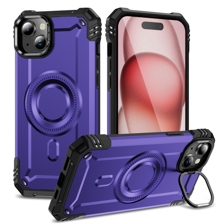 

For iPhone 15 Lens Holder MagSafe Phone Case(Purple)
