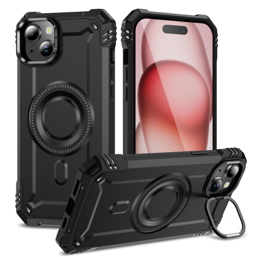 

For iPhone 15 Plus Lens Holder MagSafe Phone Case(Black)
