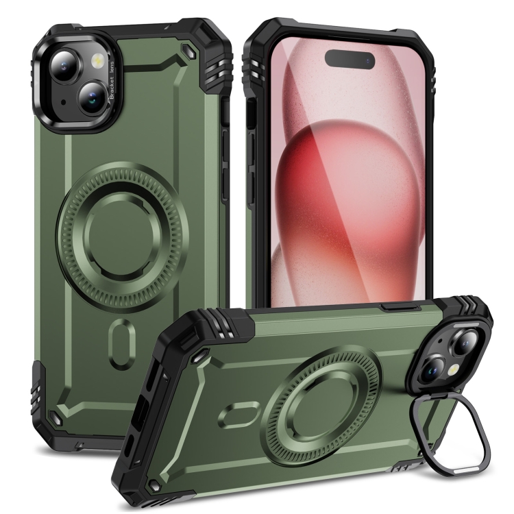 

For iPhone 15 Plus Lens Holder MagSafe Phone Case(Army Green)