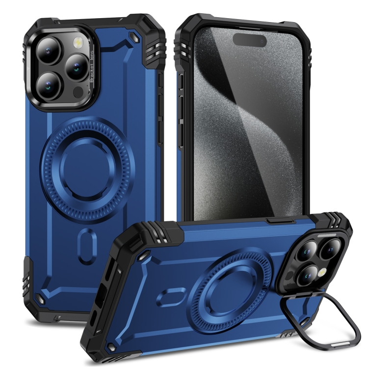

For iPhone 15 Pro Lens Holder MagSafe Phone Case(Blue)