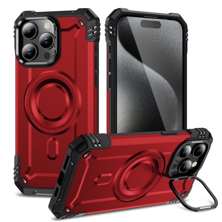

For iPhone 15 Pro Max Lens Holder MagSafe Phone Case(Red)