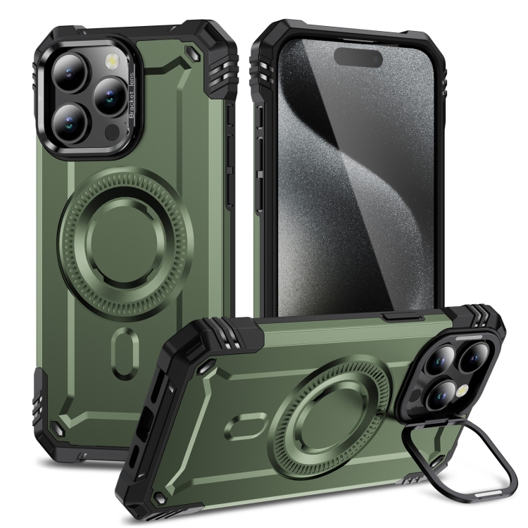 

For iPhone 15 Pro Max Lens Holder MagSafe Phone Case(Army Green)