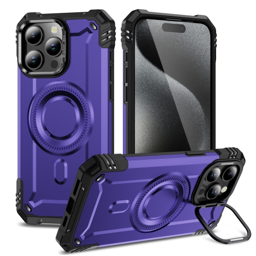 

For iPhone 15 Pro Max Lens Holder MagSafe Phone Case(Purple)