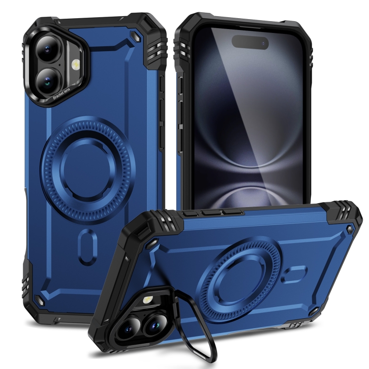 

For iPhone 16 Lens Holder MagSafe Phone Case(Blue)