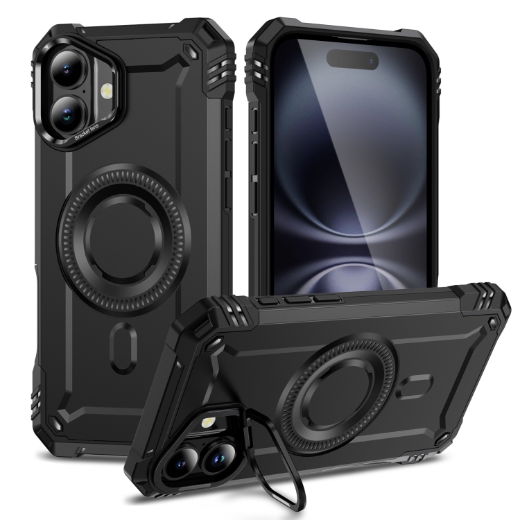 

For iPhone 16 Plus Lens Holder MagSafe Phone Case(Black)
