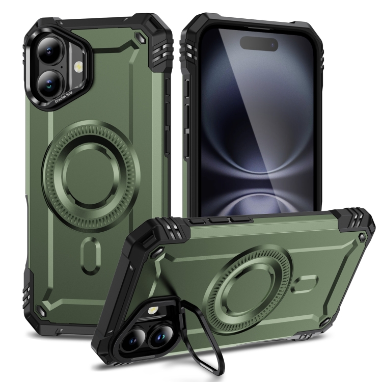 

For iPhone 16 Plus Lens Holder MagSafe Phone Case(Army Green)