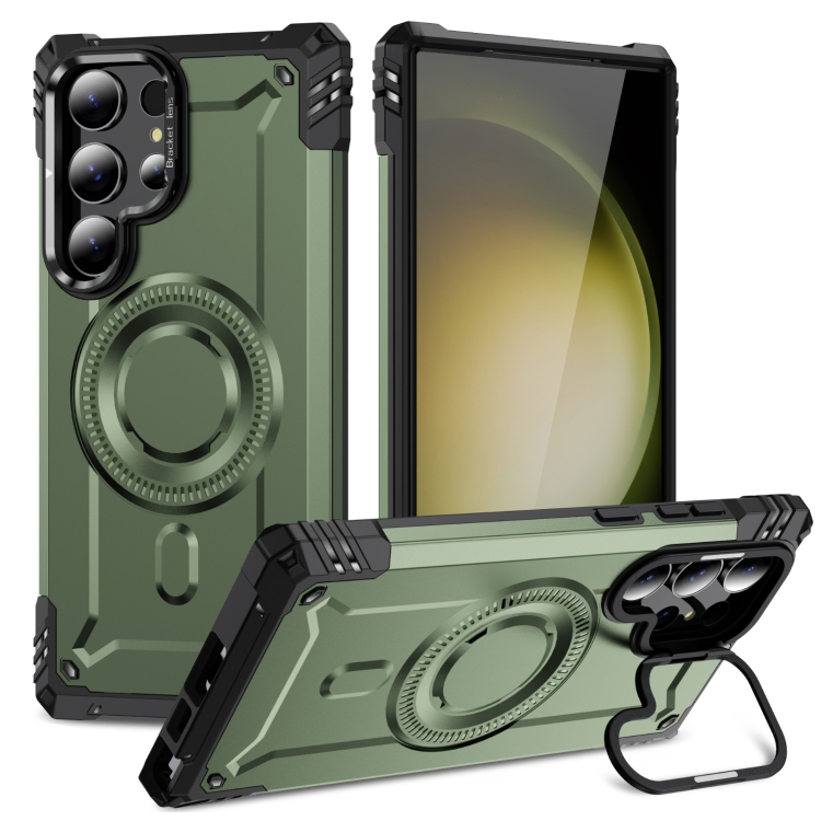 

For Samsung Galaxy S23 Ultra 5G Lens Holder MagSafe Phone Case(Army Green)