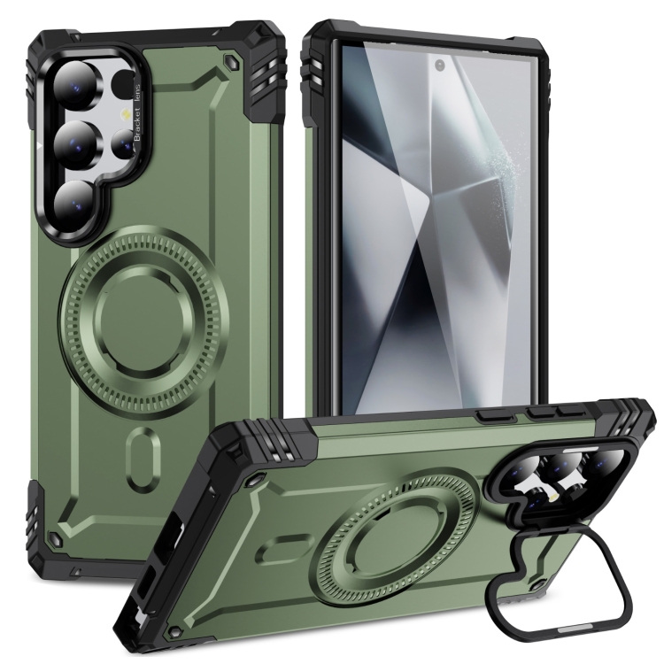 

For Samsung Galaxy S24 Ultra 5G Lens Holder MagSafe Phone Case(Army Green)