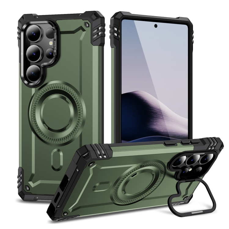 

For Samsung Galaxy S25 Ultra 5G Lens Holder MagSafe Phone Case(Army Green)