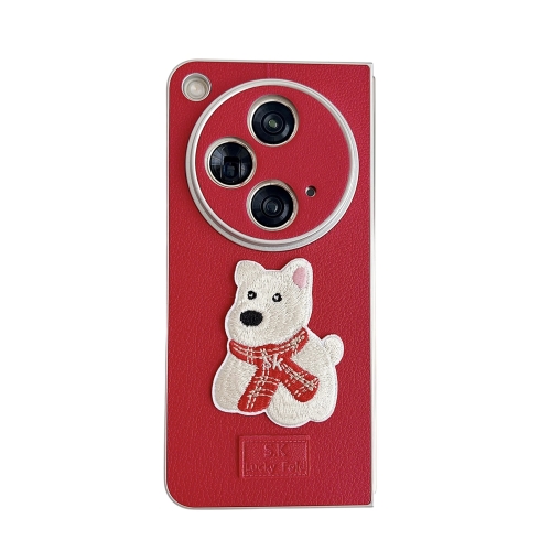 

For OPPO Find N3 Skin Fee Litchi Pattern Scarf Embroidered Dog Phone Case(Red)