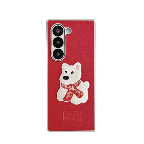 

For Samsung Galaxy Z Fold Special Skin Fee Litchi Pattern Scarf Embroidered Dog Phone Case(Red)