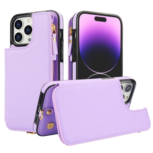 

For iPhone 15 Pro Double Flap Zipper RFID Leather Phone Case with Short Lanyard(Light Purple)