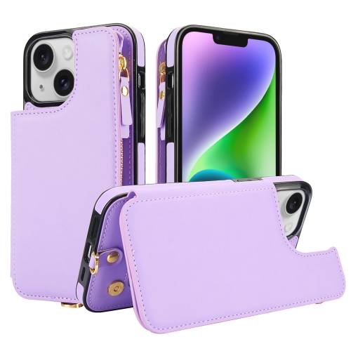 

For iPhone 14 Plus Double Flap Zipper RFID Leather Phone Case with Short Lanyard(Light Purple)