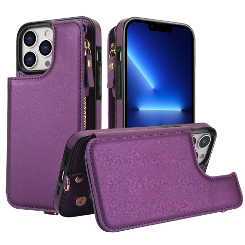 

For iPhone 13 Pro Max Double Flap Zipper RFID Leather Phone Case with Short Lanyard(Dark Purple)