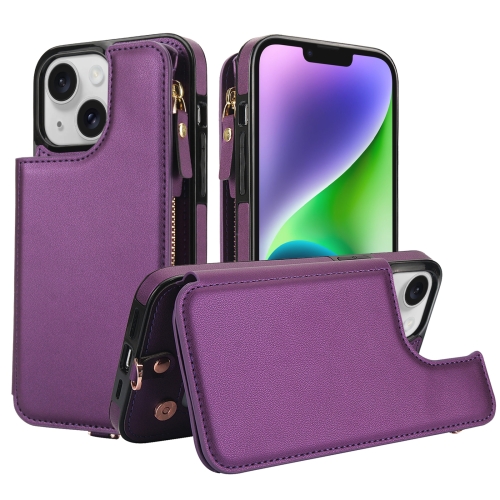 

For iPhone 13 mini Double Flap Zipper RFID Leather Phone Case with Short Lanyard(Dark Purple)