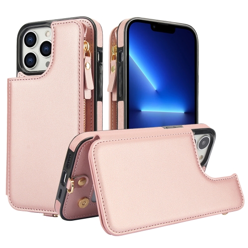 

For iPhone 12 Pro Max Double Flap Zipper RFID Leather Phone Case with Short Lanyard(Rose Gold)