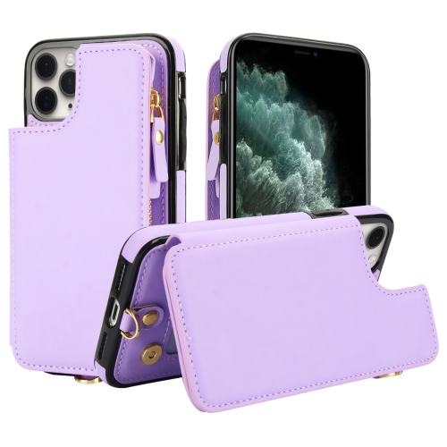 

For iPhone 11 Pro Double Flap Zipper RFID Leather Phone Case with Short Lanyard(Light Purple)