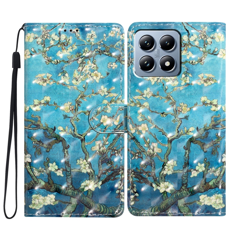 

For Xiaomi 14T Pro 3D Pattern Leather Phone Case(Blue Base Apricot Flower)