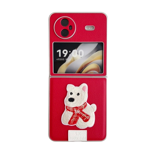 

For vivo X Flip Skin Fee Litchi Pattern Scarf Embroidered Dog Phone Case(Red)