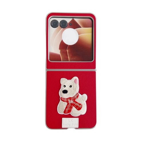 

For Motorola Razr 50 Ultra Skin Fee Litchi Pattern Scarf Embroidered Dog Phone Case(Red)