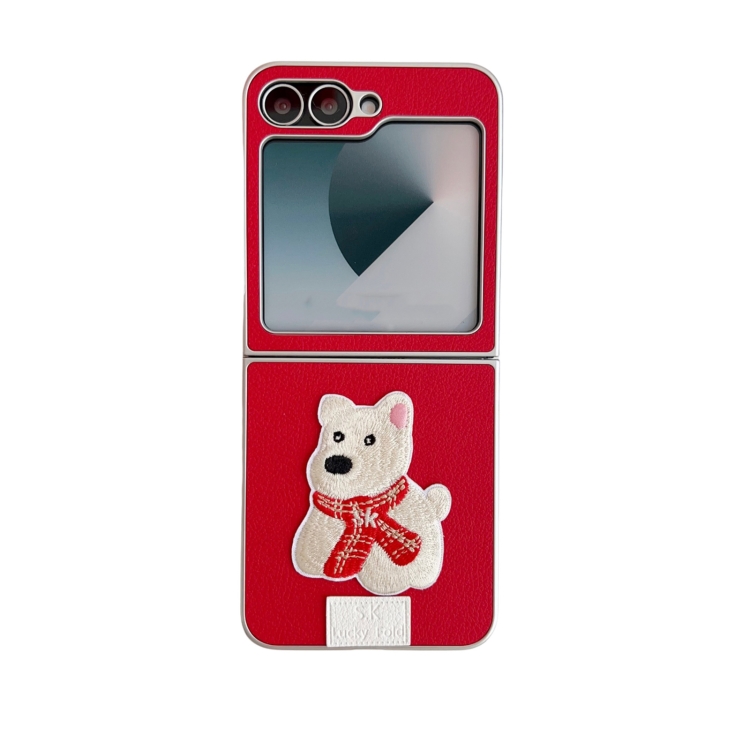 

For Samsung Galaxy Z Flip6 5G Skin Fee Litchi Pattern Scarf Embroidered Dog Phone Case(Red)