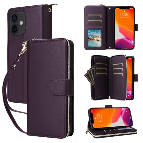 

For iPhone 12 / 12 Pro Nine-card Slots Zipper Wallet Bag Leather Phone Case(Dark Purple)