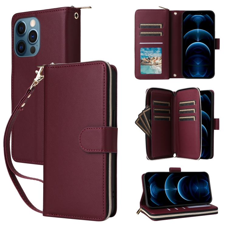 

For iPhone 12 Pro Max Nine-card Slots Zipper Wallet Bag Leather Phone Case(Wine Red)