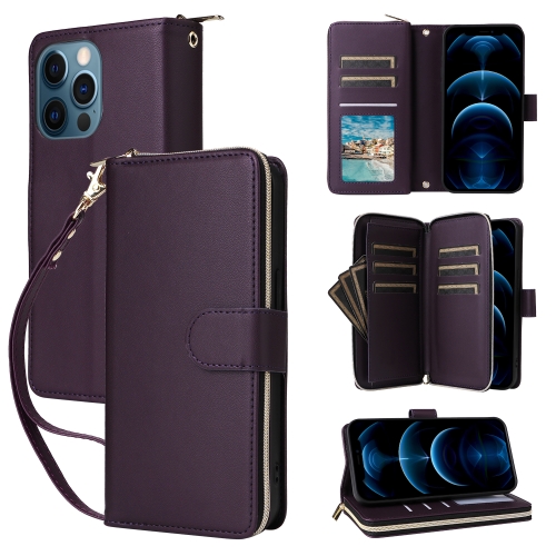 

For iPhone 12 Pro Max Nine-card Slots Zipper Wallet Bag Leather Phone Case(Dark Purple)