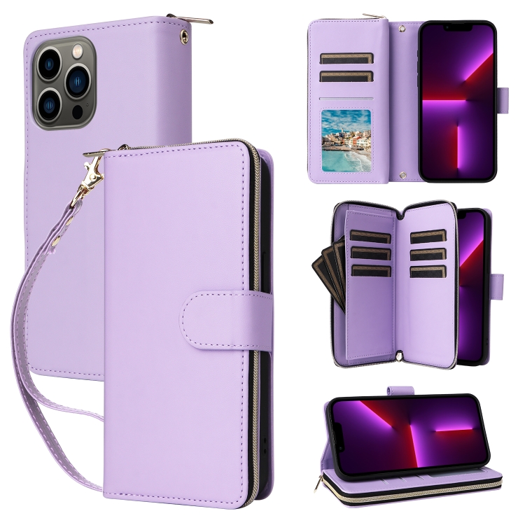 

For iPhone 13 Pro Nine-card Slots Zipper Wallet Bag Leather Phone Case(Light Purple)
