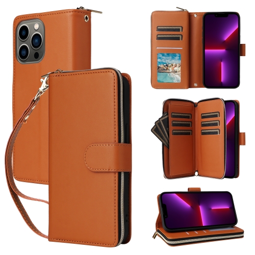 

For iPhone 13 Pro Nine-card Slots Zipper Wallet Bag Leather Phone Case(Brown)