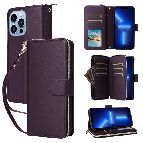 

For iPhone 13 Pro Max Nine-card Slots Zipper Wallet Bag Leather Phone Case(Dark Purple)