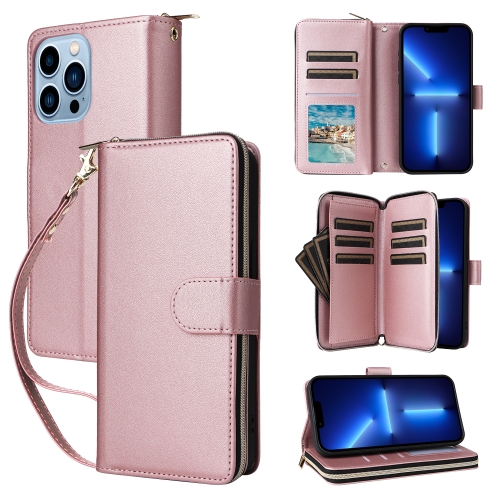 

For iPhone 13 Pro Max Nine-card Slots Zipper Wallet Bag Leather Phone Case(Rose Gold)