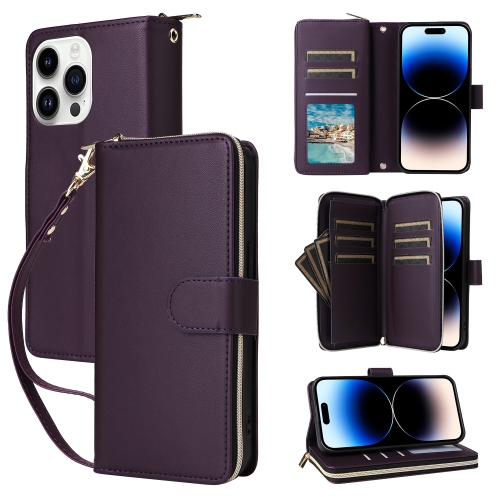 

For iPhone 14 Pro Nine-card Slots Zipper Wallet Bag Leather Phone Case(Dark Purple)